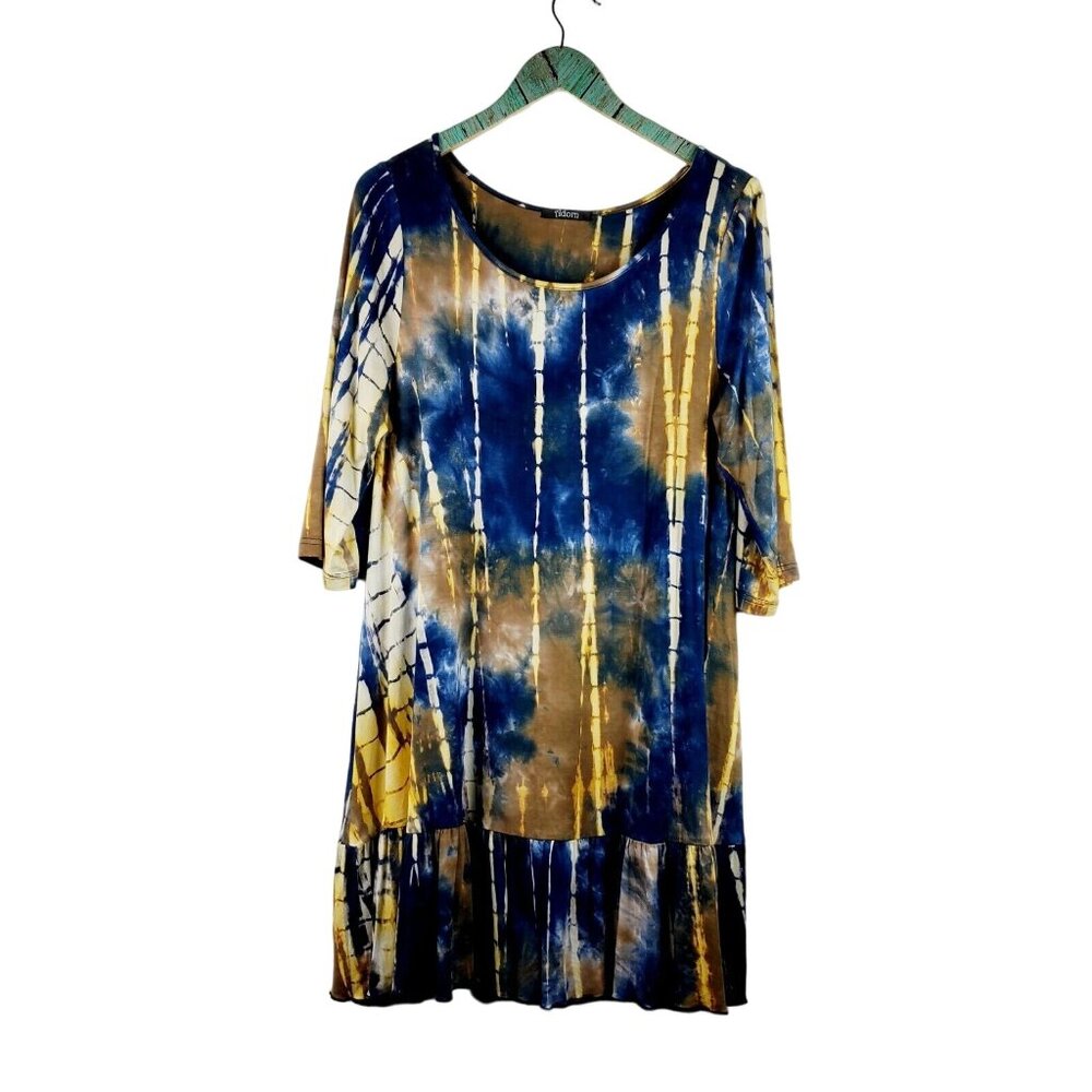 Adorn Woman's Tye Dyed Viscos 3/4 Sleeve Blue Yellow Tunic Dress SZ XL NWOT